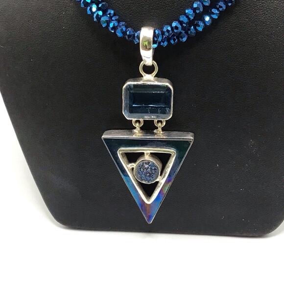 925 Sterling Silver Blue Stone Pendant Necklace Beaded Chain Geometric Triangle - Picture 2 of 8